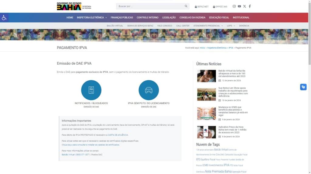 Tela do site Sefaz-Bahia sobre pagamento IPVA.