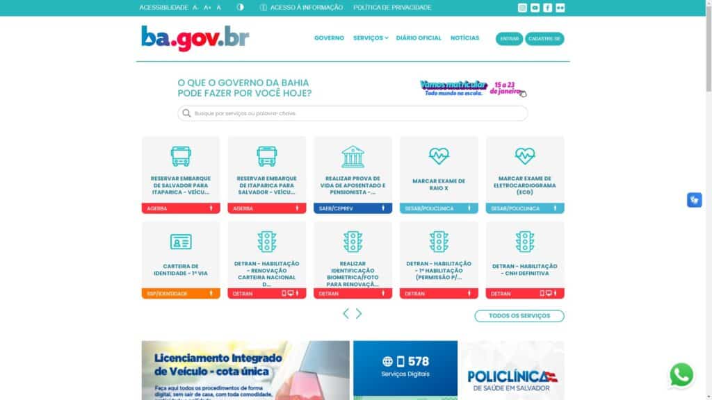 Site do governo da Bahia com serviços online.