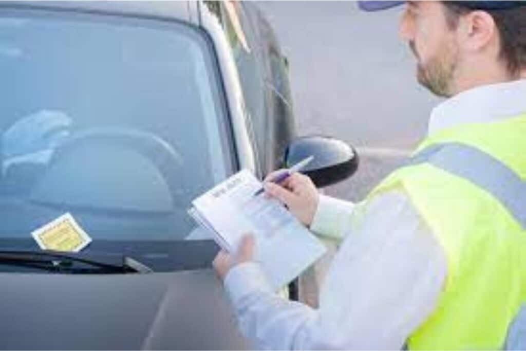 Fiscal aplicando multa em um carro estacionado.