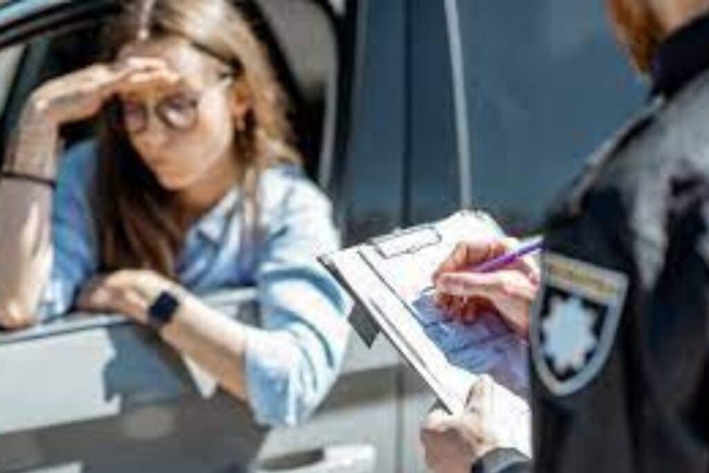 Motorista recebendo multa de policial.