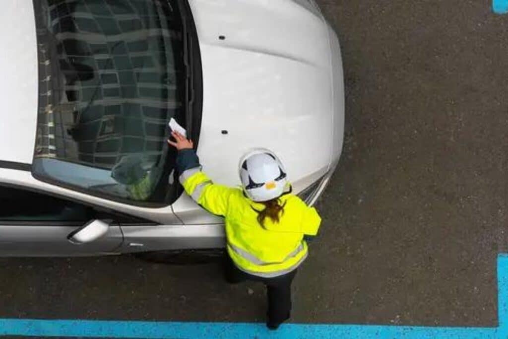 Pessoa uniformizada colocando notificação em para-brisa de carro.