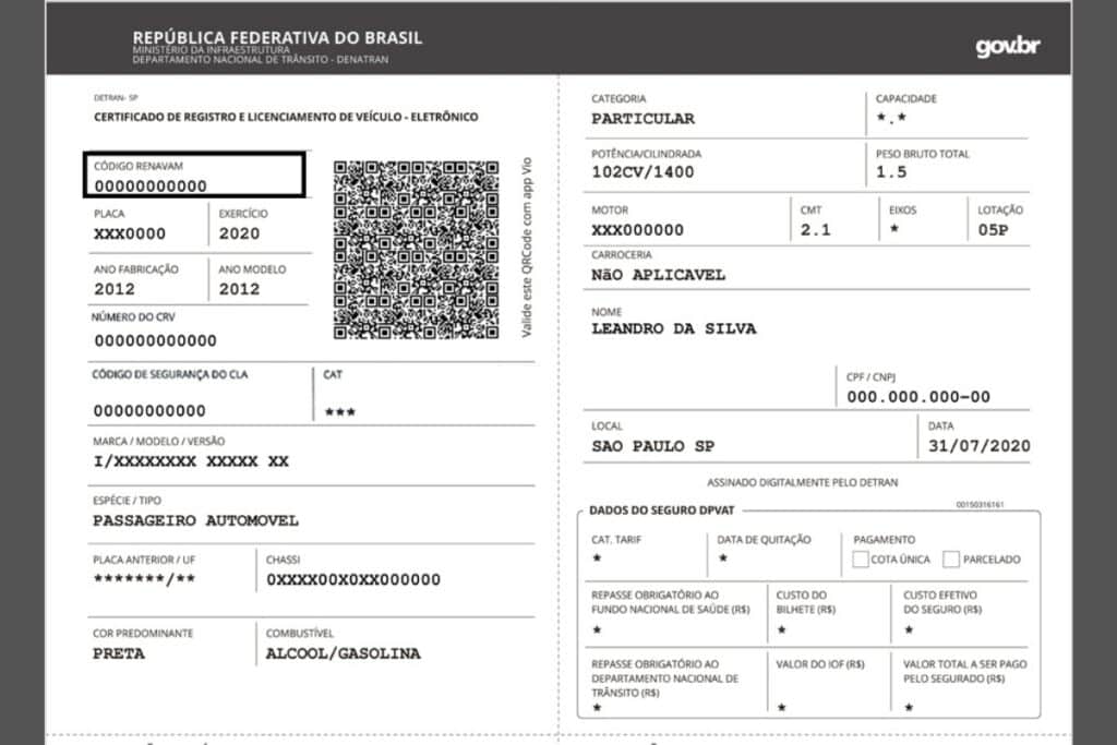 Certificado de Registro de Veículo Eletrônico (CRLV) - Detran SP.