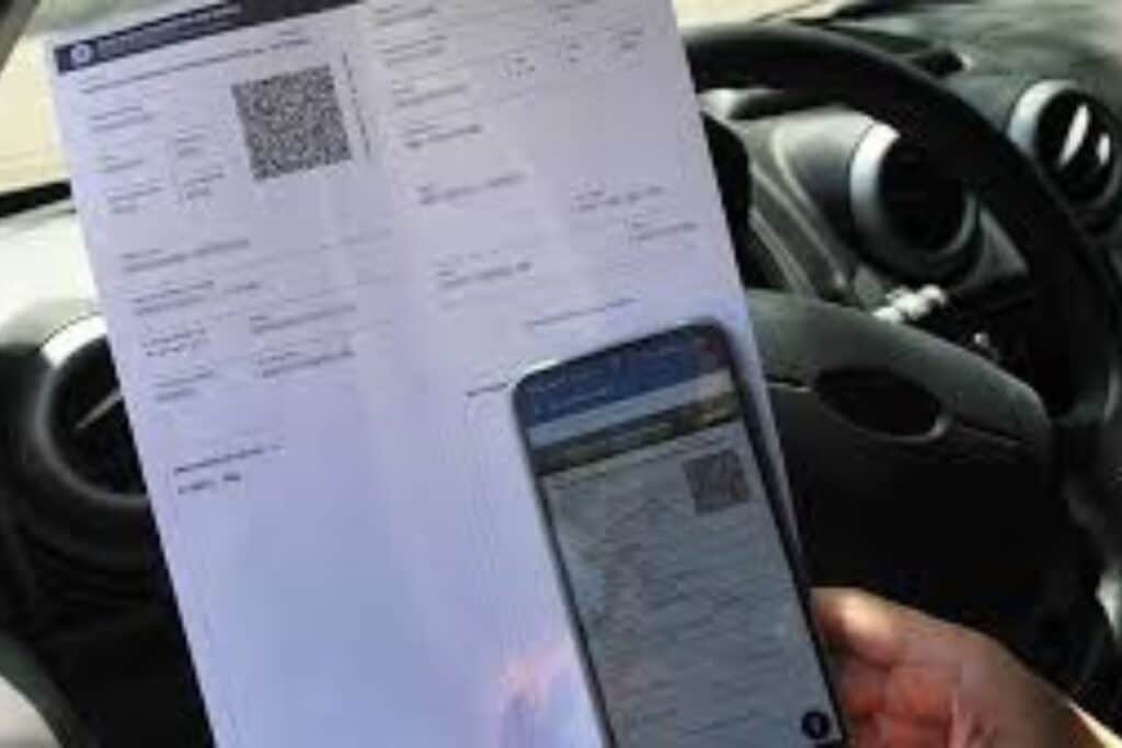 Documento veicular impresso e visualizado em smartphone dentro do carro.