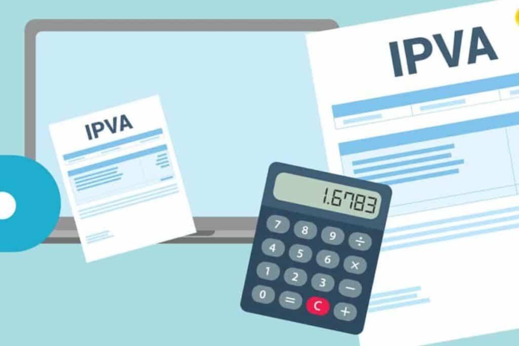 Documento de IPVA, calculadora e laptop.