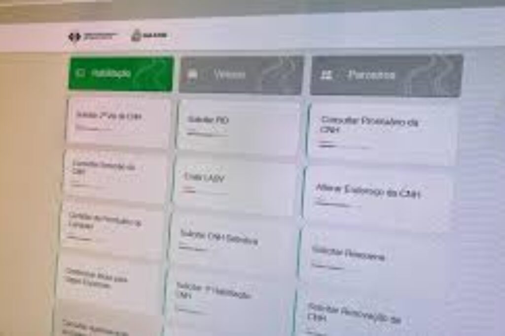 Tela de serviços do Detran para CNH e Veículos