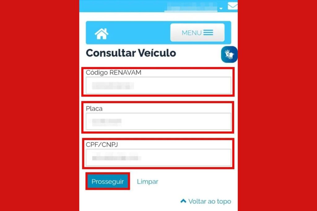 Formulário de consulta de veículo online.