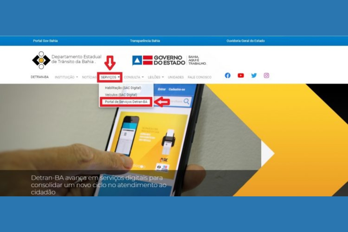 Portal de Serviços do Detran-BA no site.
