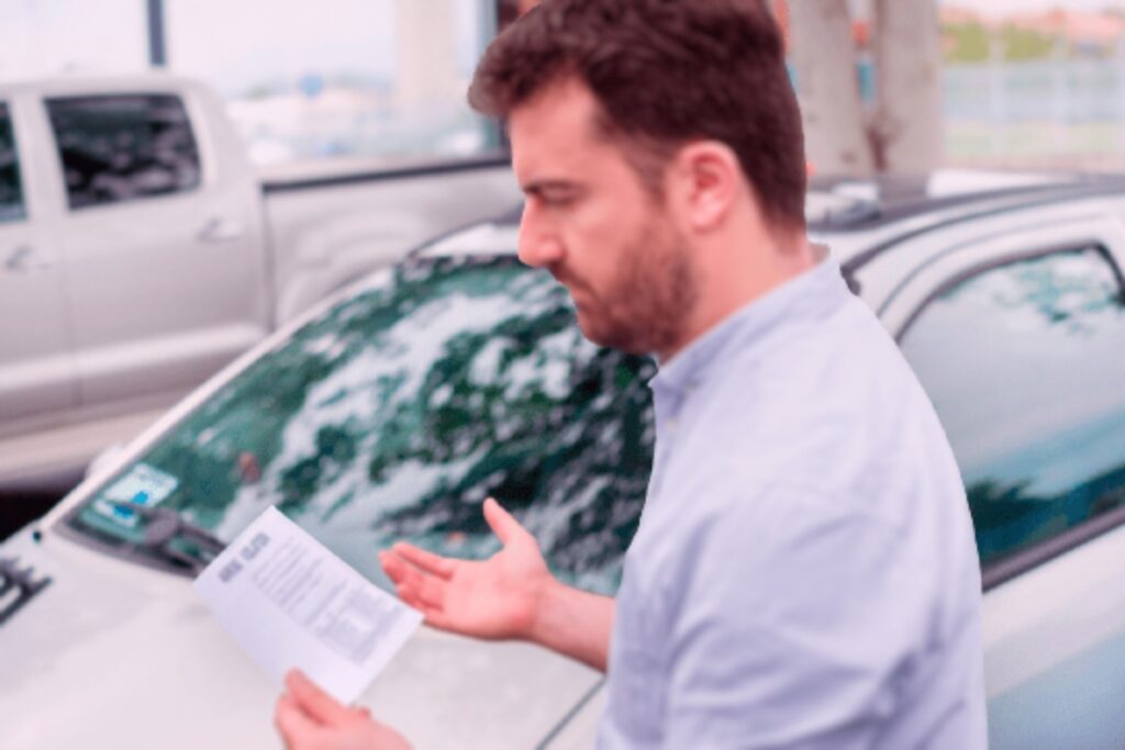 Homem lê papel ao lado de carro.