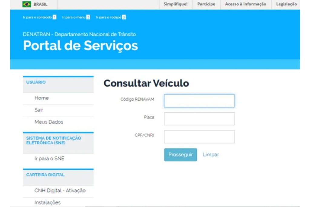 Página de consulta de veículos no Portal de Serviços DENATRAN.