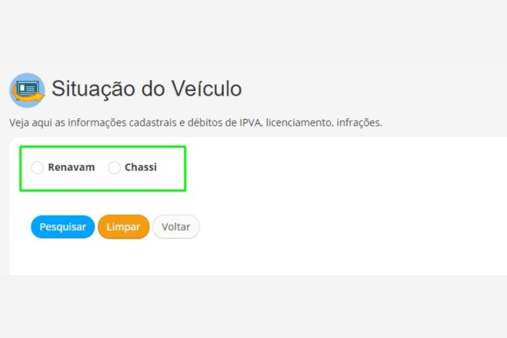 Tela de consulta situação do veículo, Renavam ou Chassi.