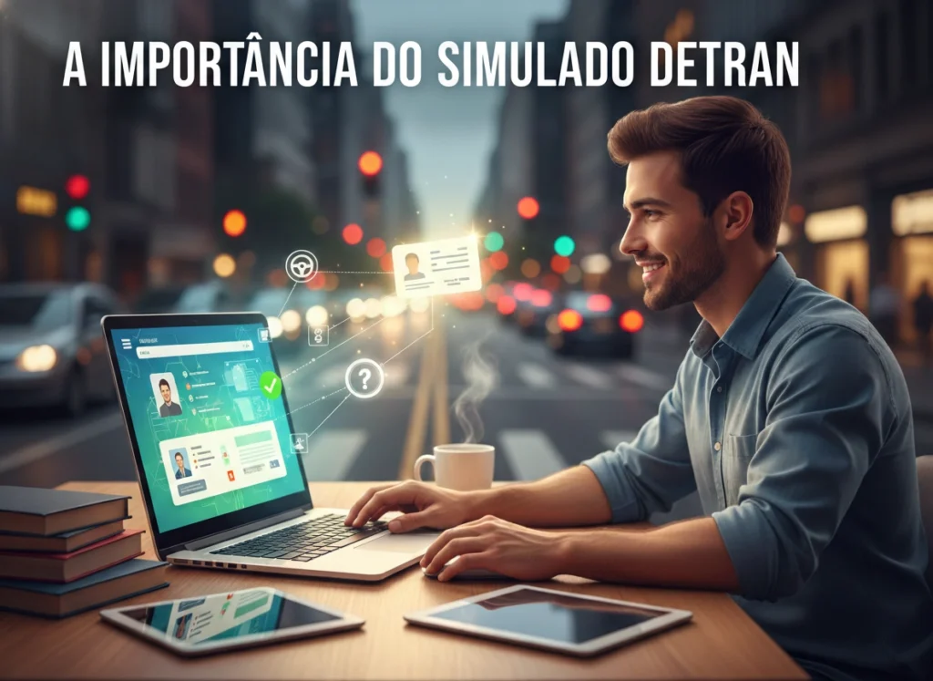 Homem estudando para o simulado do Detran no notebook.
