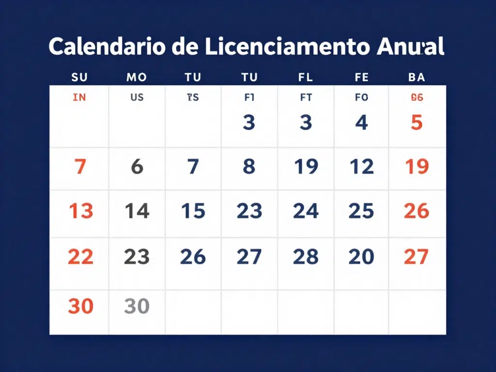 Calendário de Licenciamento Anual com datas destacadas