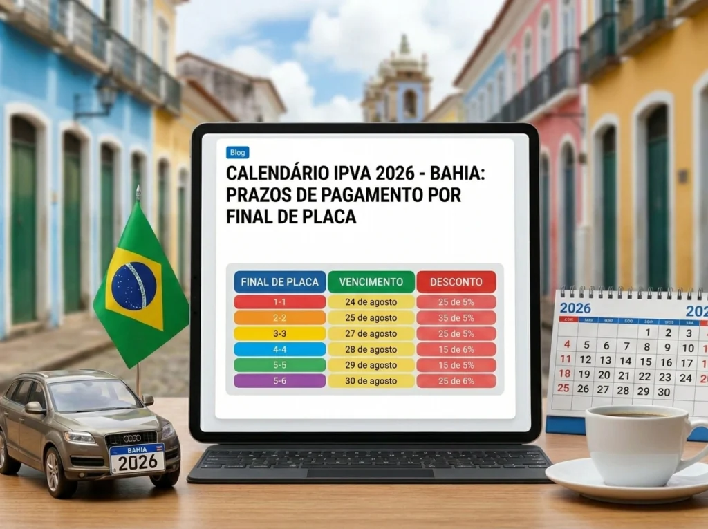 Tablet exibindo calendário do IPVA 2026 Bahia sobre mesa.