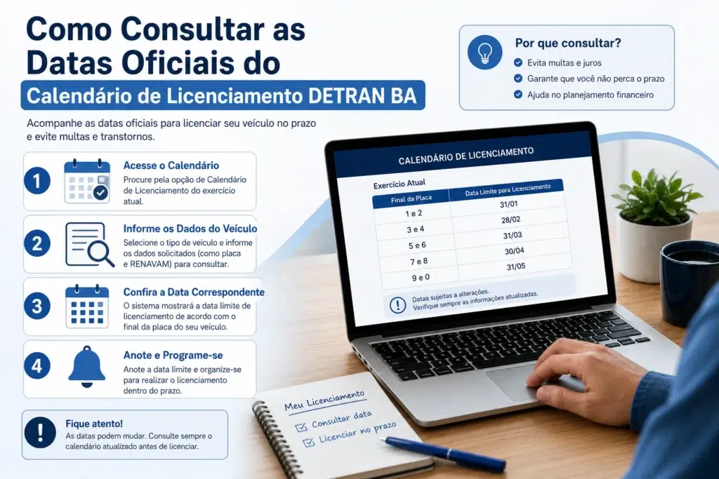 Calendário de licenciamento DETRAN BA no notebook