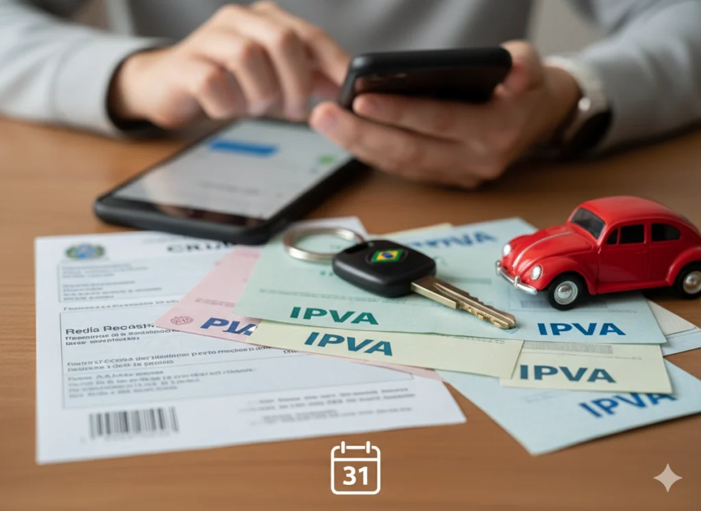 Boletos de IPVA, chave e celular sobre mesa