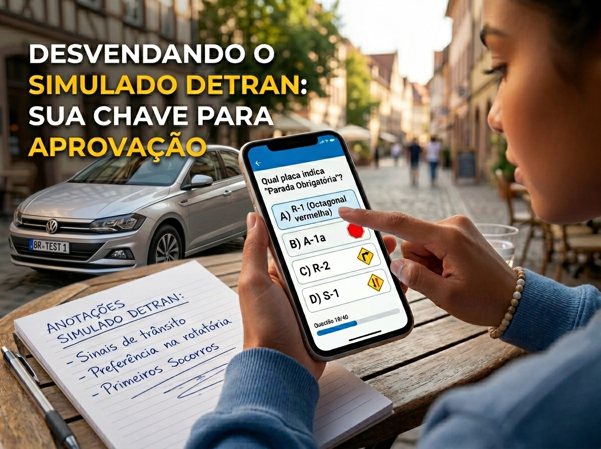 Pessoa usando aplicativo de simulado do DETRAN no celular.