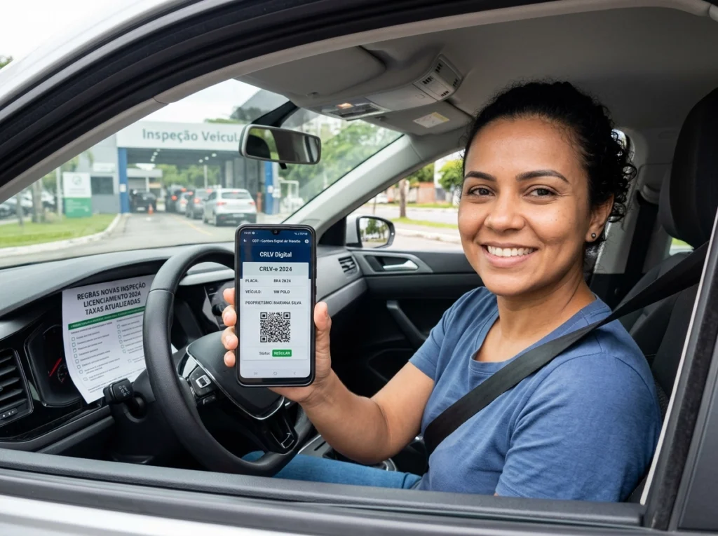Mulher mostra CRLV Digital 2024 no celular dentro do carro.