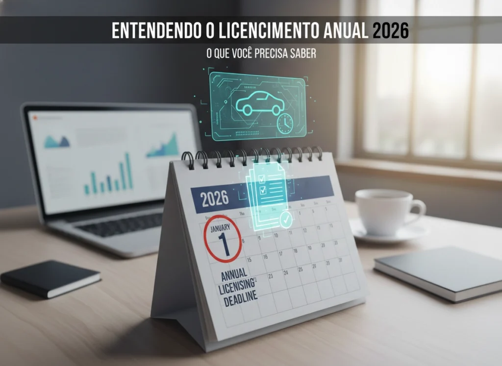 Calendário de 2026 destacando prazo de licenciamento anual veicular.
