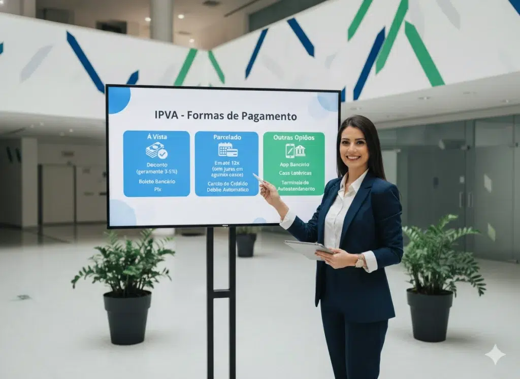 Mulher apresenta formas de pagamento do IPVA