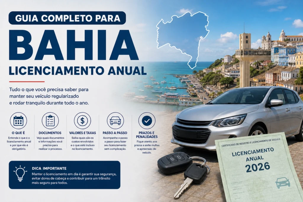 Guia licenciamento anual Bahia 2026 com carro