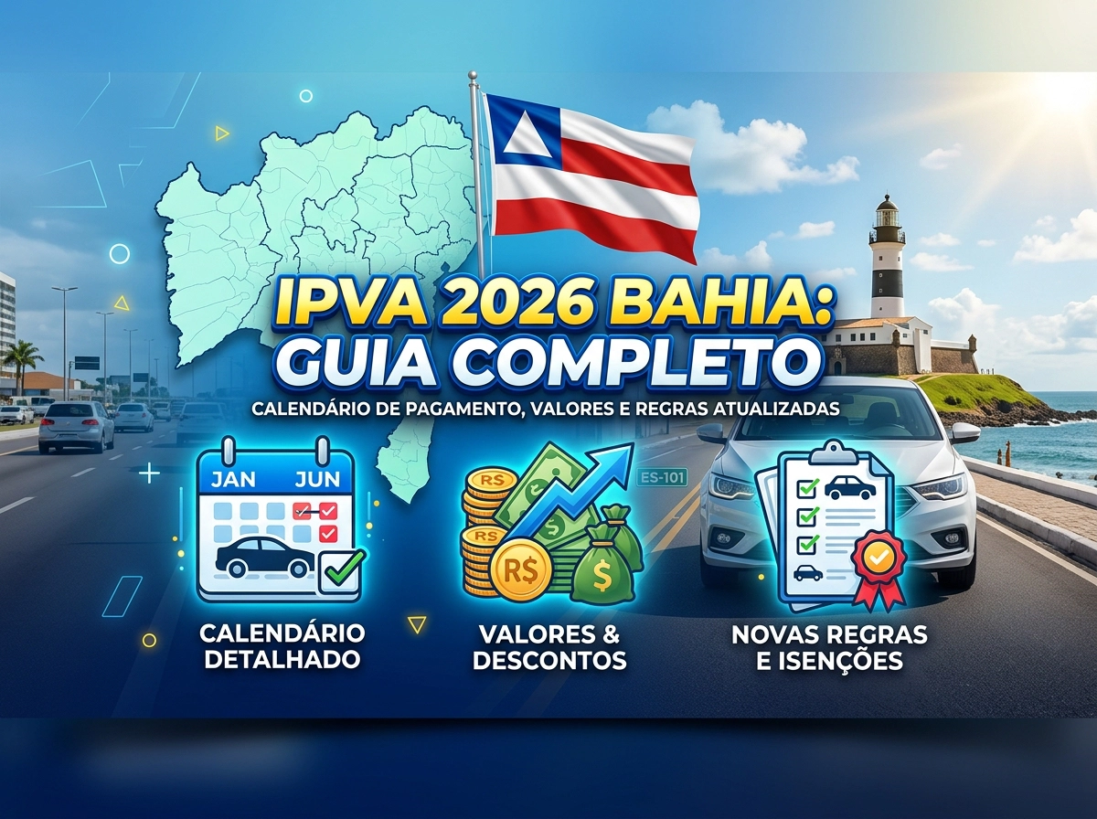 Infográfico informativo sobre o IPVA 2026 no estado da Bahia.