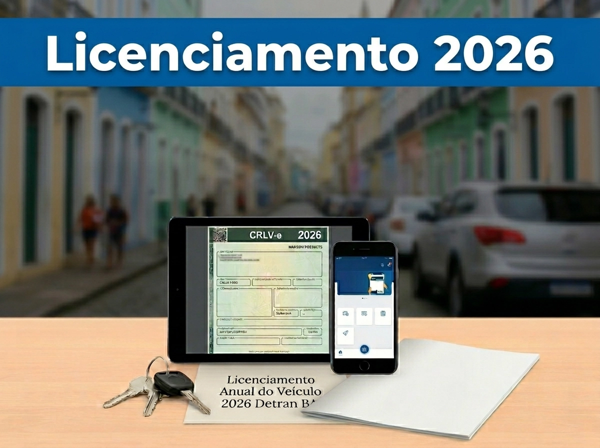 Tablet e celular exibindo documento de Licenciamento 2026 Detran BA.