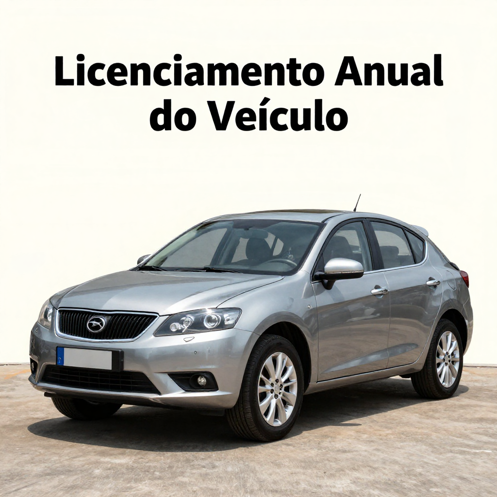 Carro prata com texto sobre licenciamento anual