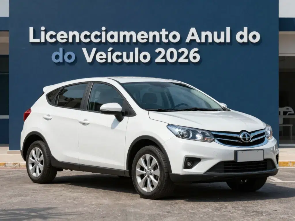 Carro branco com texto sobre licenciamento 2026