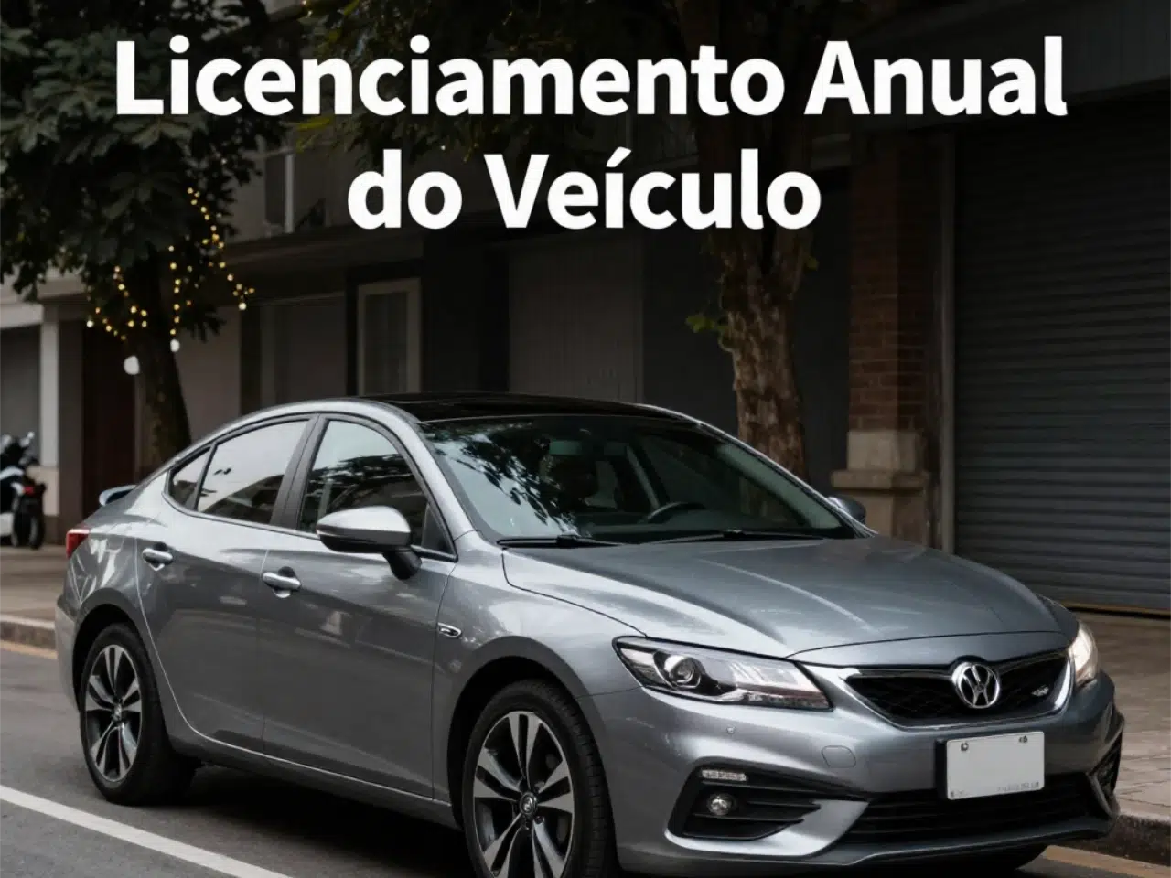 Carro prata estacionado com texto sobre licenciamento anual