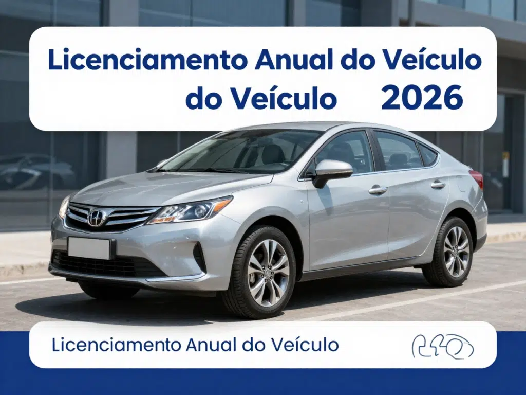 Carro prata com texto sobre licenciamento 2026