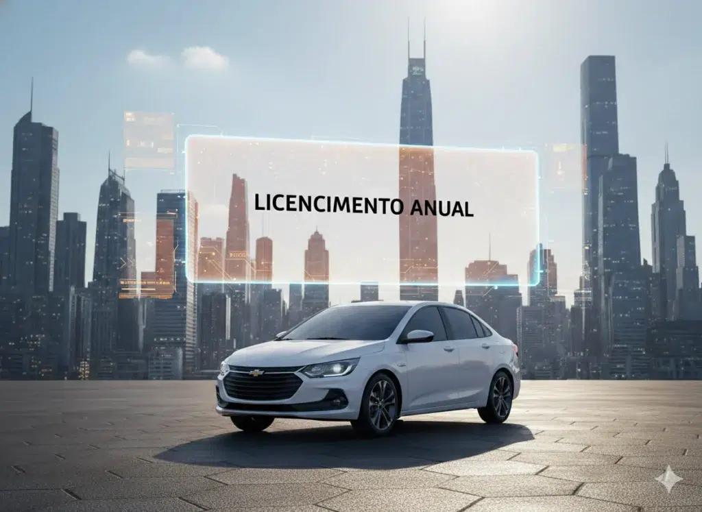 Carro branco com licenciamento anual em destaque