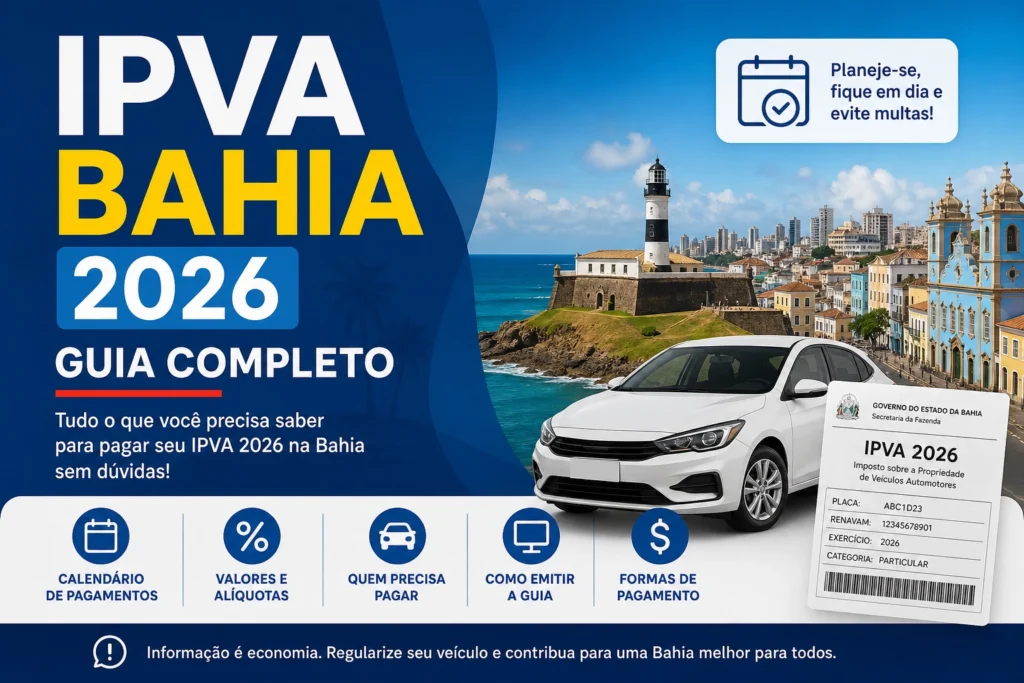 Guia IPVA Bahia 2026 com carro e farol