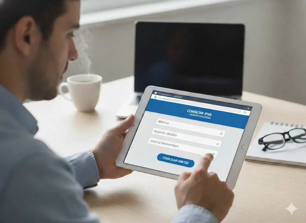 Homem consultando IPVA em tablet no escritório