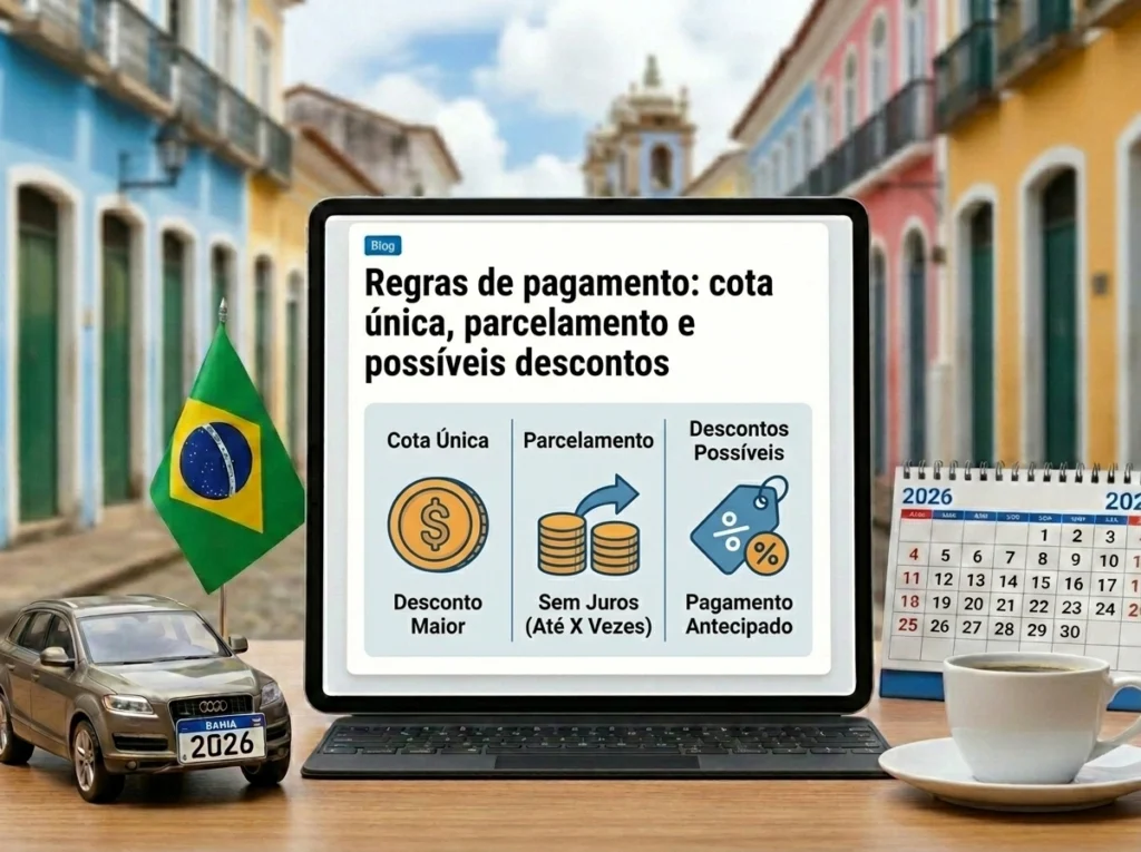 Tablet com regras de pagamento e carro miniatura sobre mesa.