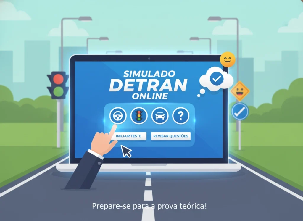 Notebook exibindo simulado do DETRAN em uma estrada ilustrada.