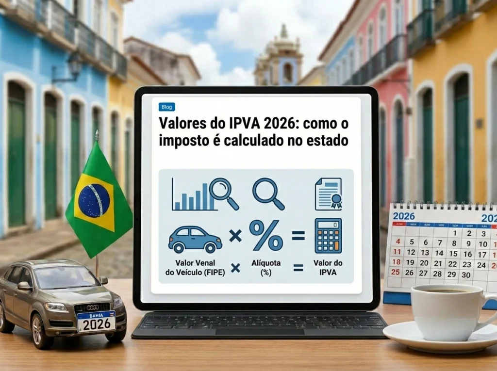 Tablet mostrando como calcular o IPVA 2026 na Bahia.