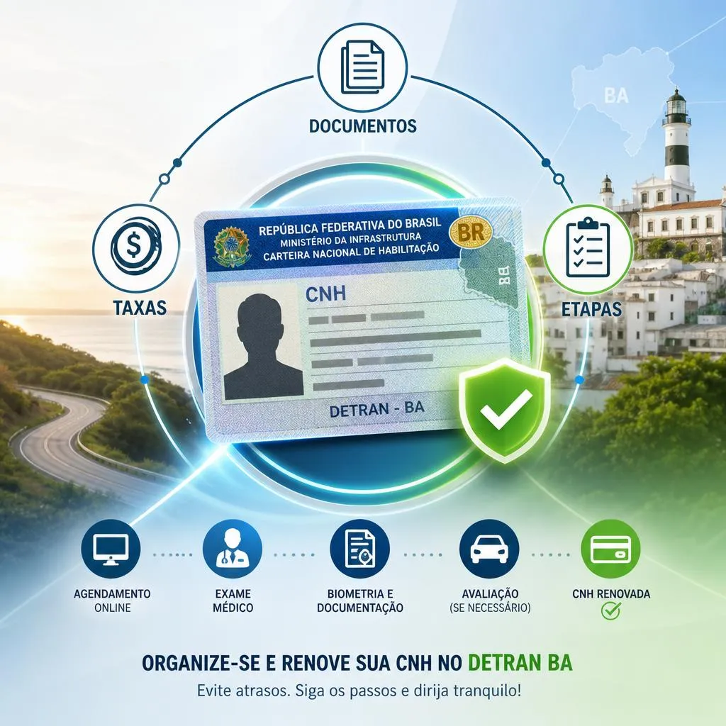 Infográfico informativo sobre a renovação da CNH no Detran-BA.