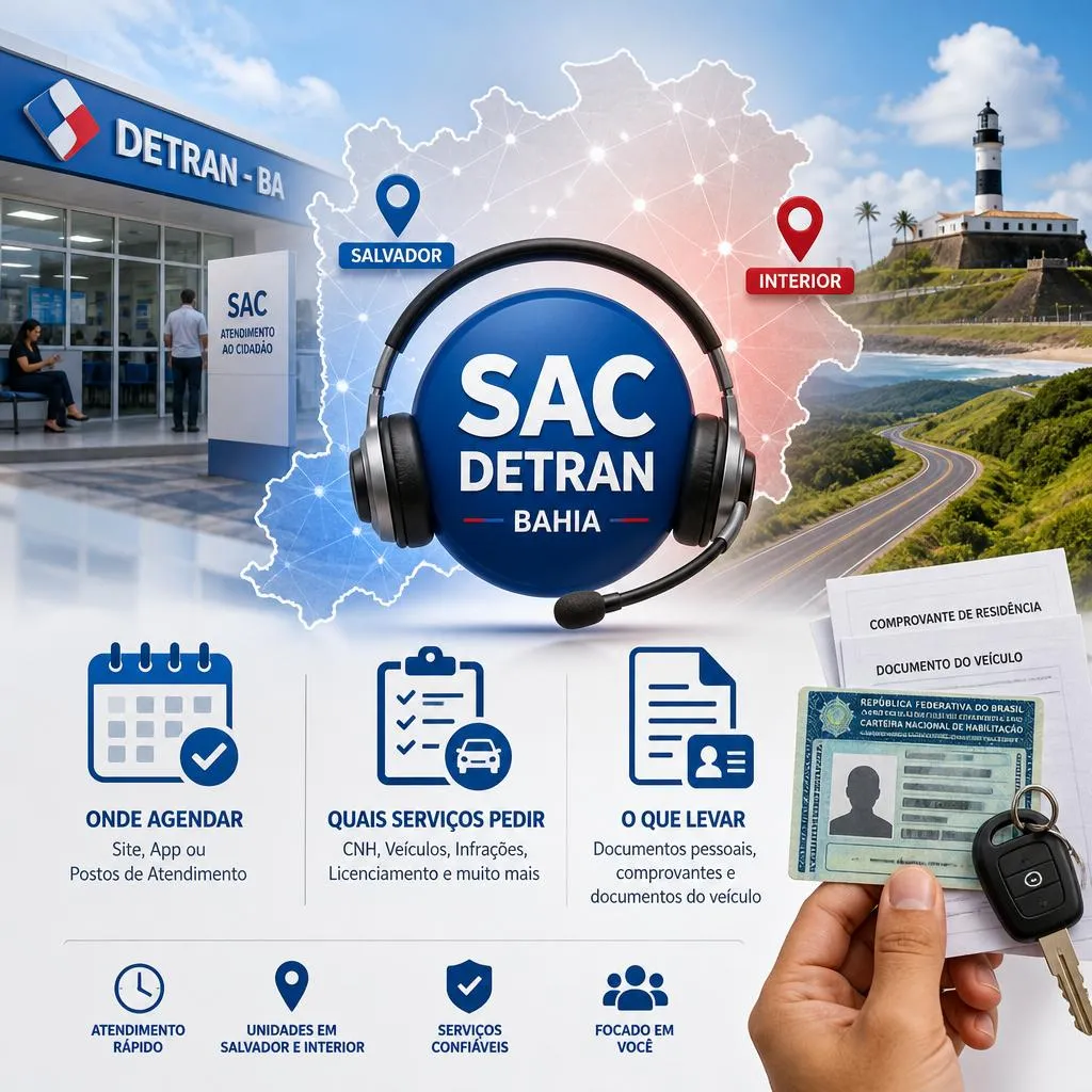 Infográfico informativo sobre o SAC Detran Bahia com orientações.