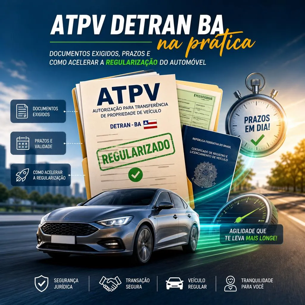 Infográfico sobre regularização de transferência de veículos no Detran-BA.