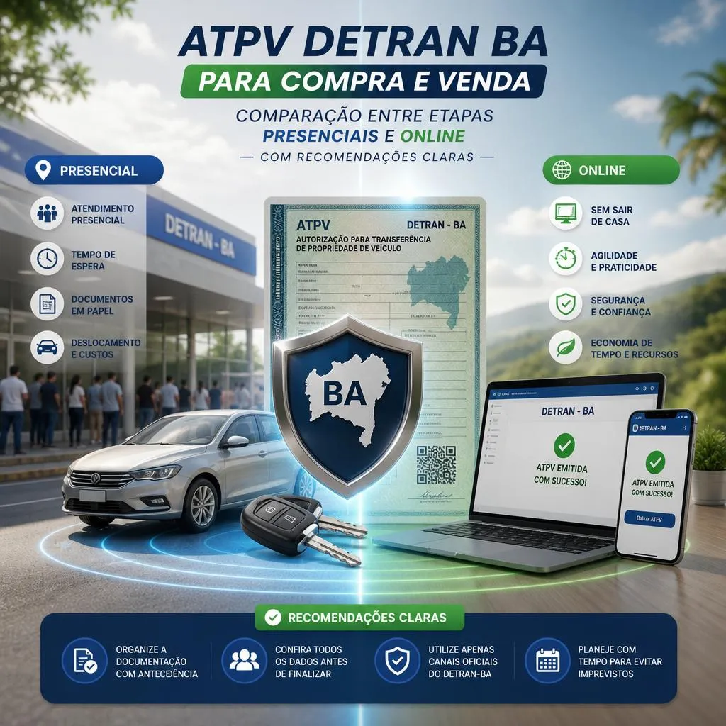 Infográfico comparativo entre ATPV presencial e online do DETRAN-BA.