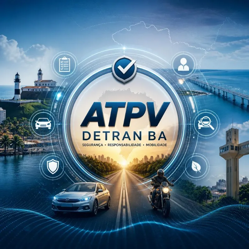 Logotipo ATPV DETRAN BA em montagem com trânsito e pontos turísticos.