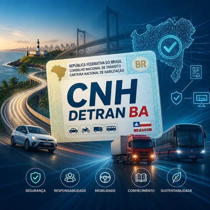 CNH Detran BA sobre fundo de estrada com veículos.