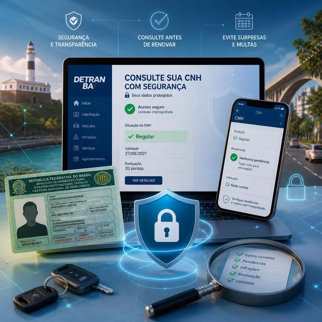 Laptop, smartphone e CNH com ícone de segurança digital.