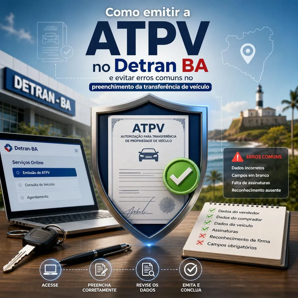 Infográfico sobre como emitir ATPV no Detran da Bahia.