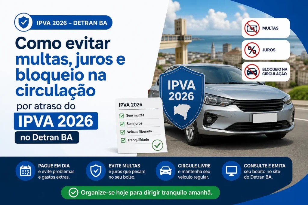 Informativo sobre o IPVA 2026 do Detran Bahia com carro.
