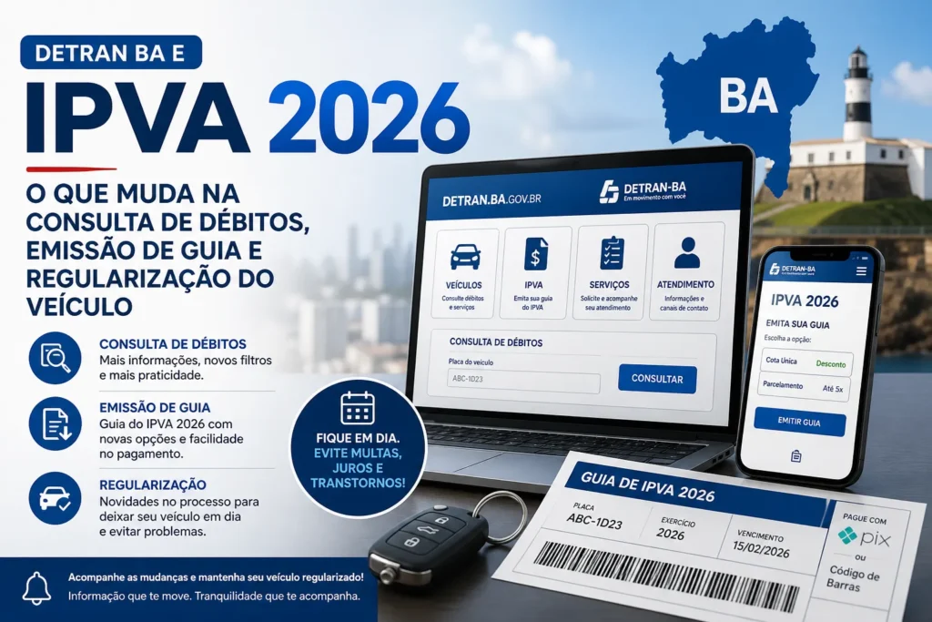 Infográfico informativo sobre o IPVA 2026 do Detran Bahia.
