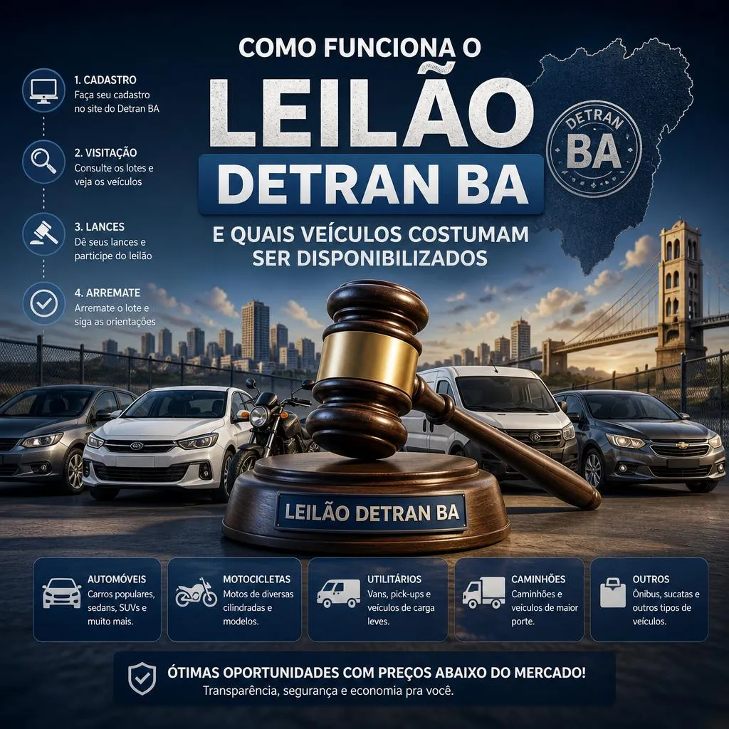 Infográfico explicativo sobre o funcionamento do leilão do Detran BA.