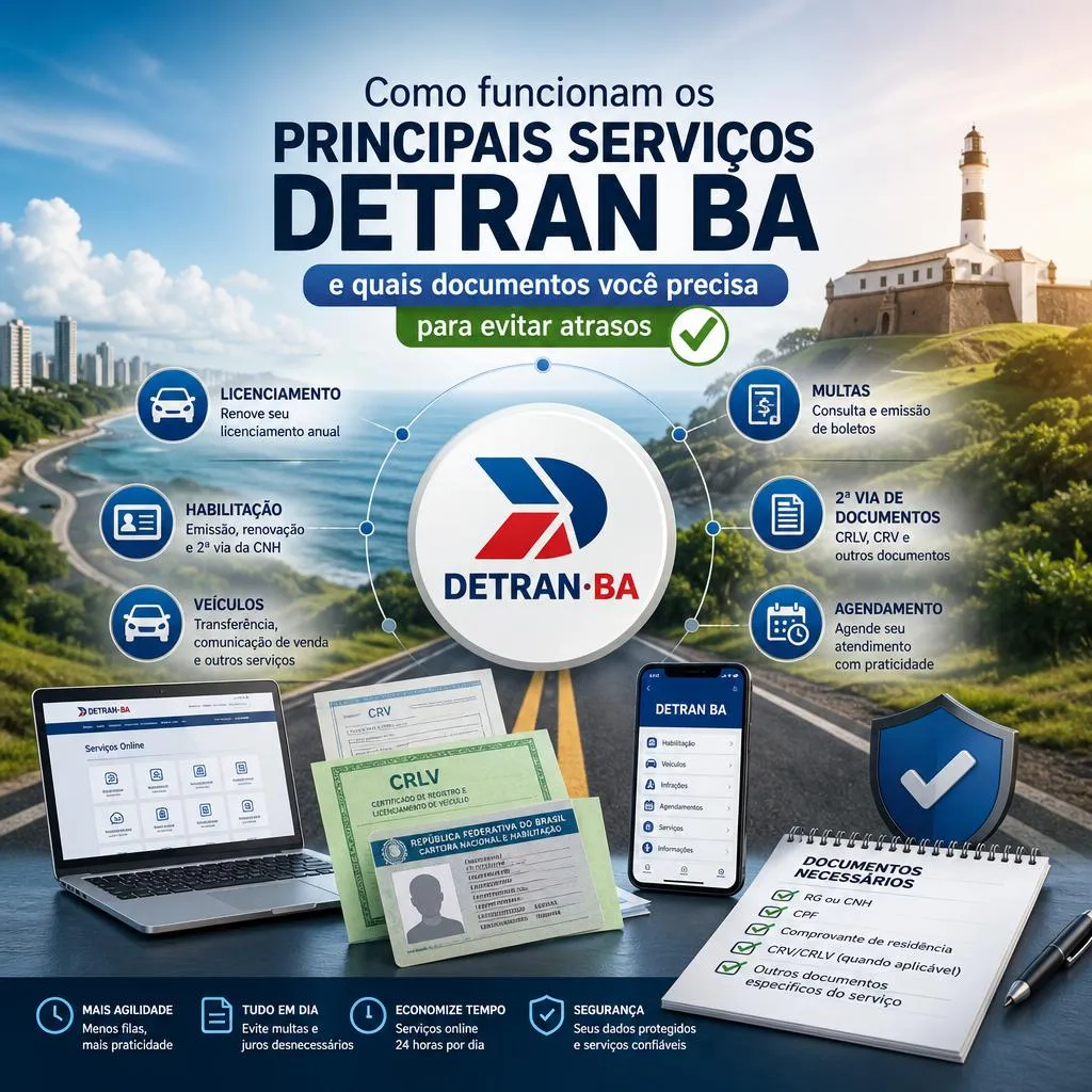 Infográfico detalhando serviços e documentos necessários do DETRAN Bahia.