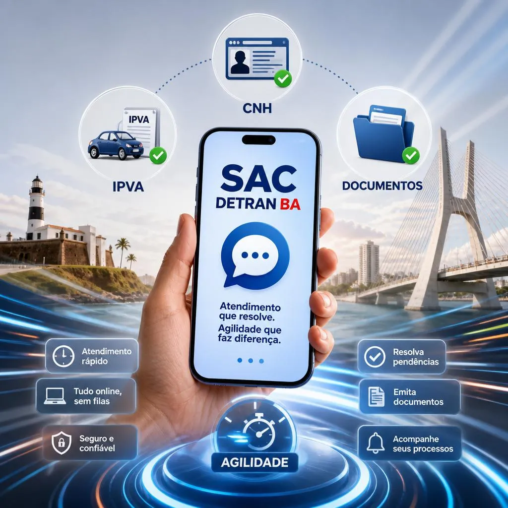 Mão segurando celular com aplicativo SAC DETRAN BA em Salvador.