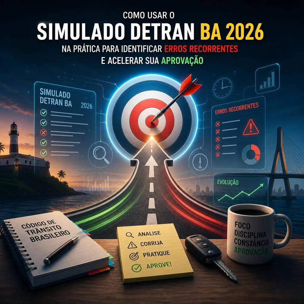 Infográfico sobre Simulado DETRAN BA 2026 com elementos de estudo.